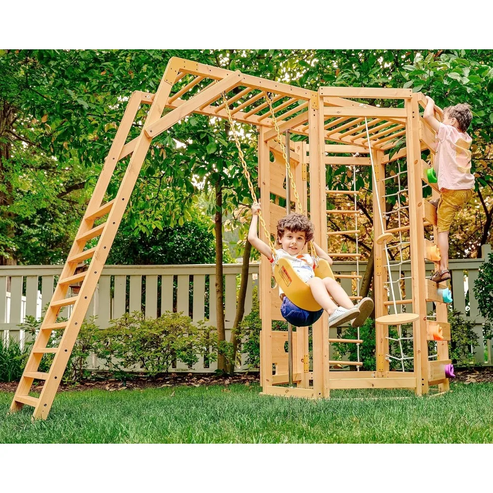 Hawthorn 9-in-1 Outdoor Activity Center Swing, Rock Wall, Monkey Bars Ages 3-11 Pine Wood Construction Climbing Rope