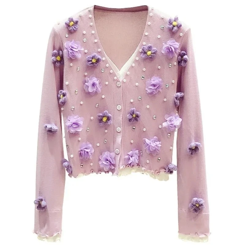 

Knitted Sweater Sweet Handmade Beaded Sequins Three-Dimensional Flowers V-neck Knitted Cardigan Female New Sweater Coat Tide