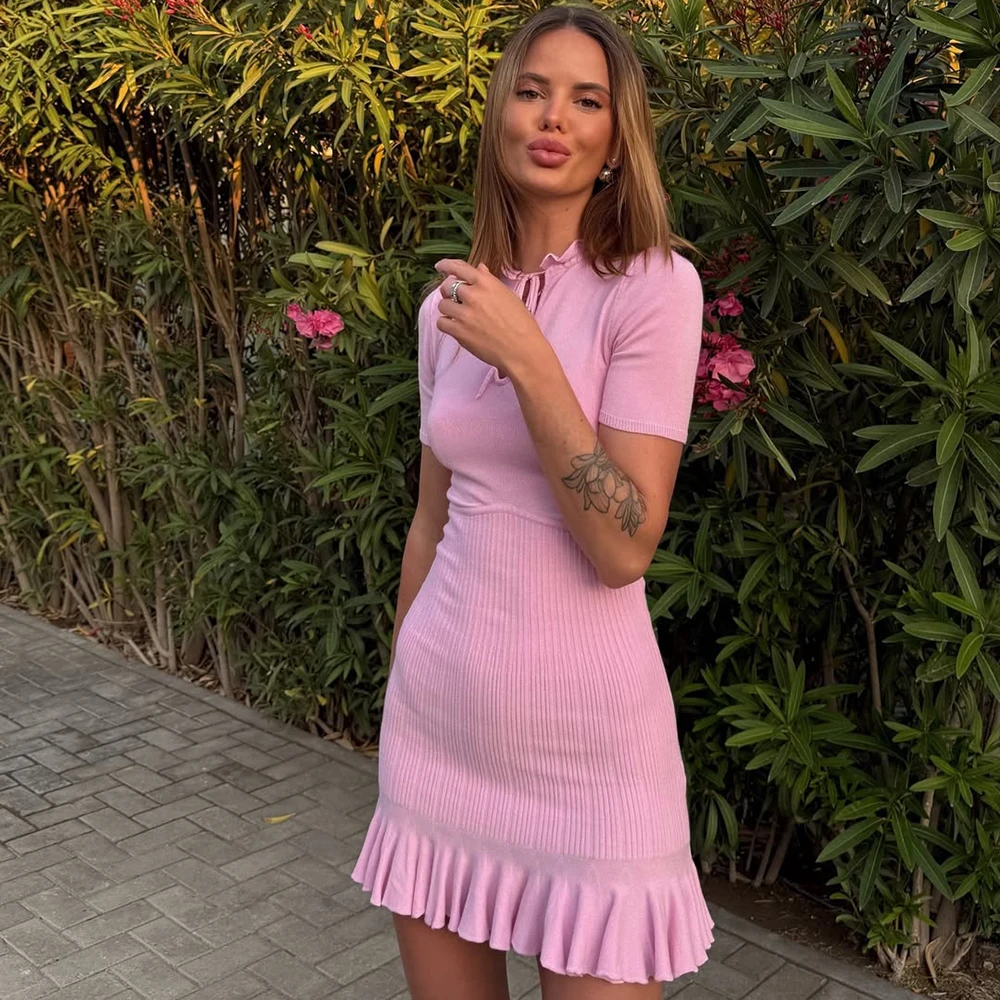 

Tuularose Lace Up Mini Dress For Women Knitting Hollow Solid Pullover Pleated Dress Female High Waist Casual Vacation Mini Dress