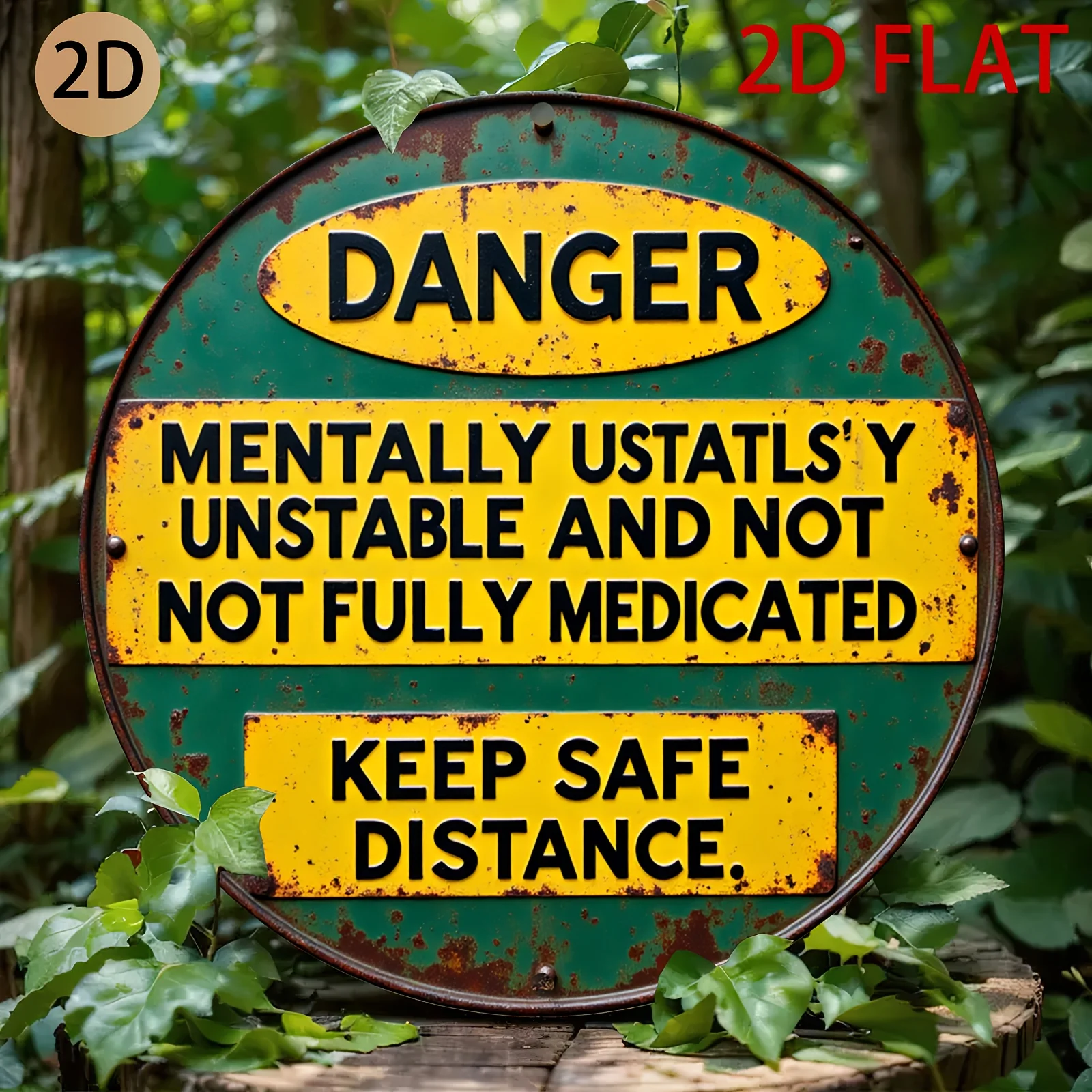 HD Tin Sign, Danger Mentally Unstable Keep Safe Distance Round Metal Wall Art, Funny Warning Decor for Home Garden