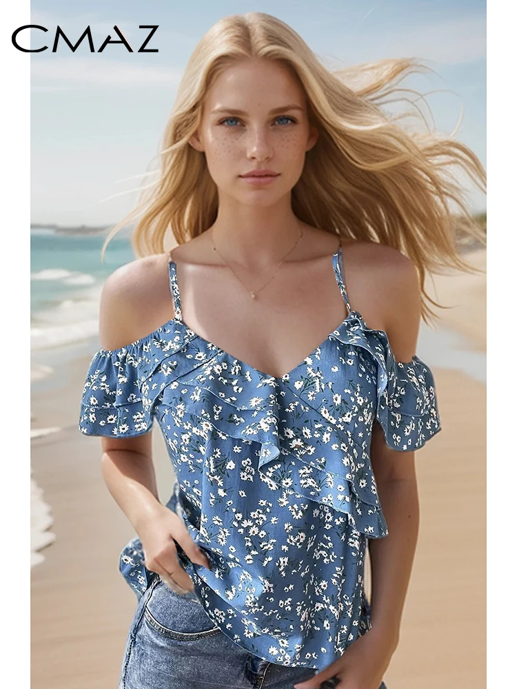 CMAZ Floral Camisole for Women Summer Beach Holiday Vest Female Strap V-neck Sexy Beauty Blouse Woman Cami Tops Clothes XY09230