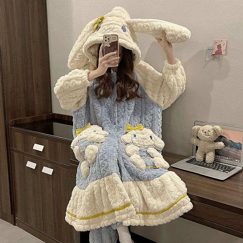 New Sanrio Cinnamoroll Pajamas Set Women's Winter Cotton Plush Nightgown With Pants Couples Thick 2 Pcs Home Set Christmas Gifts