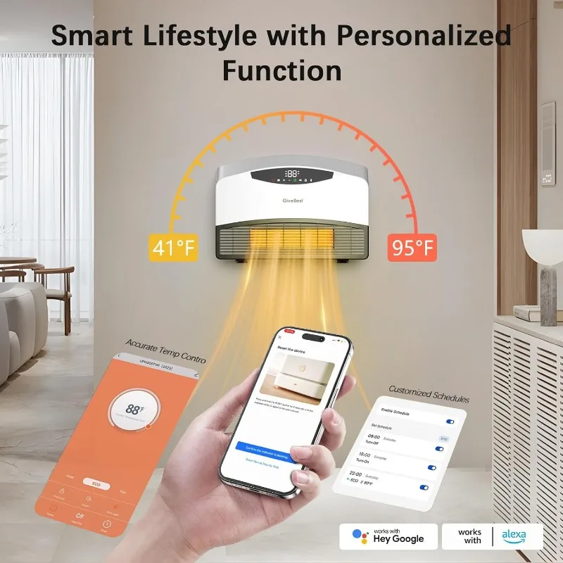 Умный настенный обогреватель GiveBest — обогреватель мощностью 1500 Вт для внутреннего использования, работает с Alexa, регулируемым термостатом, пультом дистанционного управления и Wi-Fi