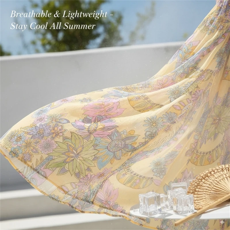 فستان صيفي مطبوع عليه زهور للنساء فستان طويل فضفاض بياقة على شكل حرف V وحزام سباغيتي - ملابس منتجع عطلة متدلية