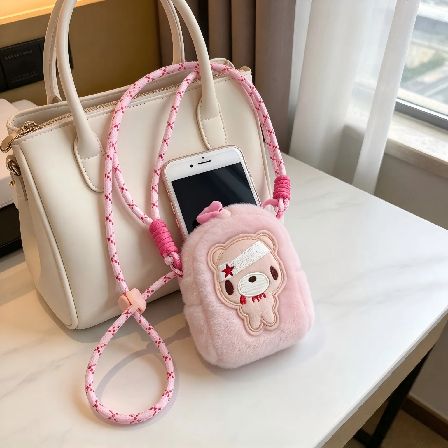 Cute Plush Mini Crossbody Bag Sweet Zipper Purse Adjustable Strap Daily Shoulder Bag Can Hold Mobile Phone