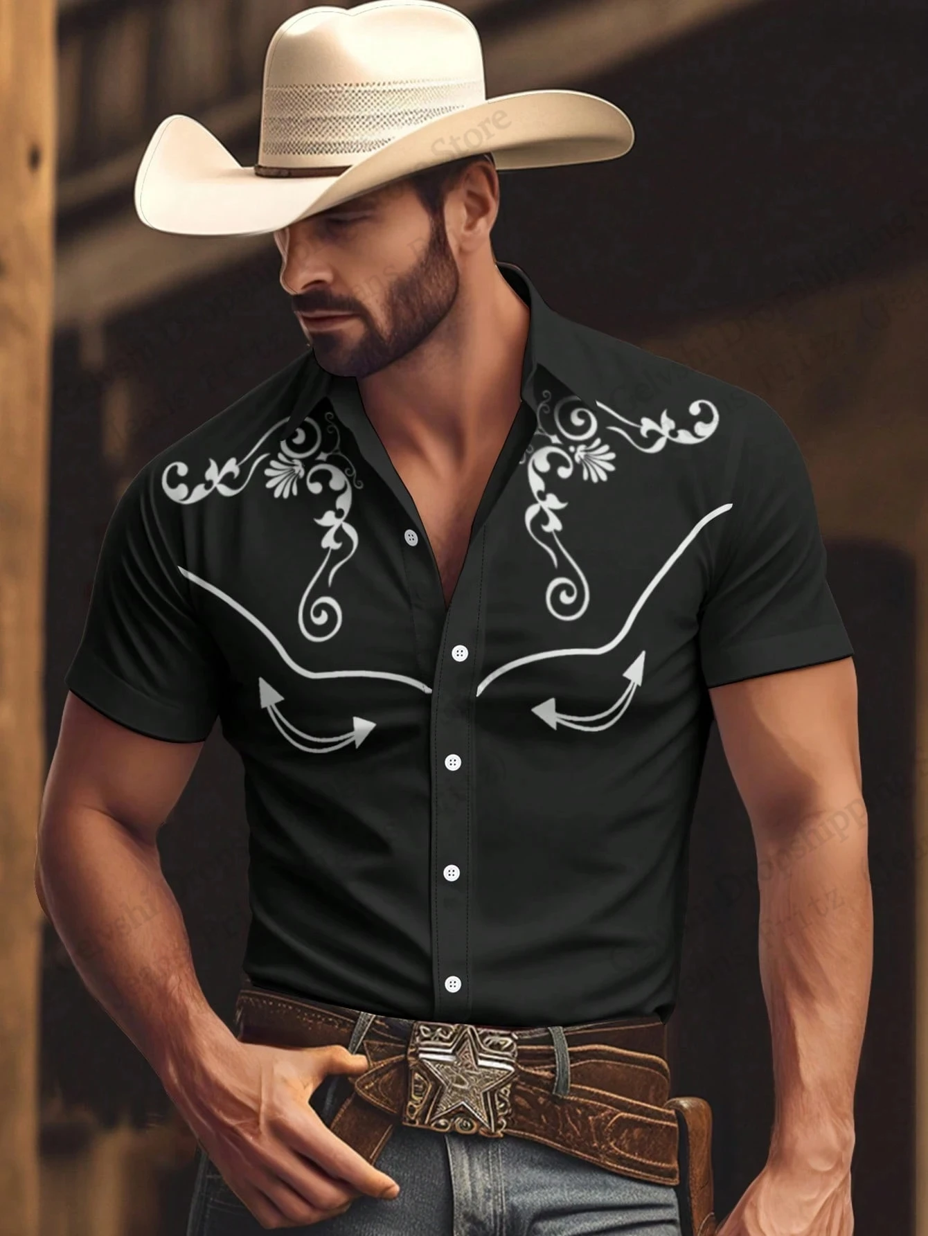 Męska koszula w stylu western, odzież vintage, dżinsowa koszula kowbojska z nadrukiem 3D, koszula country, moda męska i damska, koszula z krótkim rękawem, codzienna bluzka z kołnierzykiem.