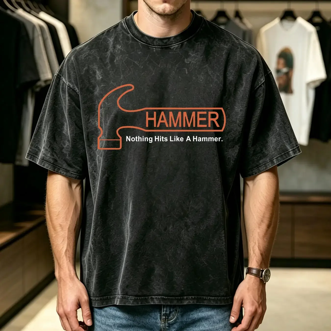 washed T Shirt Hammer Bowling Logo Men's Black Size S 5XL long or short sleeves vintage Washed homme Top For Everyday Wear