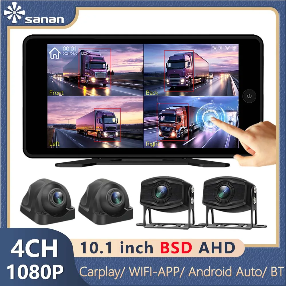 4CH 10.1'' Touch Screen AHD Monitor System 1080P Vehicle Camera AI BSD Wifi App Control Carplay Reversing Parking Recorder