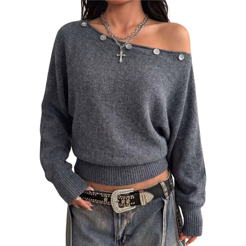 Women's Sweater Off Shoulder Batwing Sleeve Loose Fit Oversized Cropped Short Knitted Button Front Casual