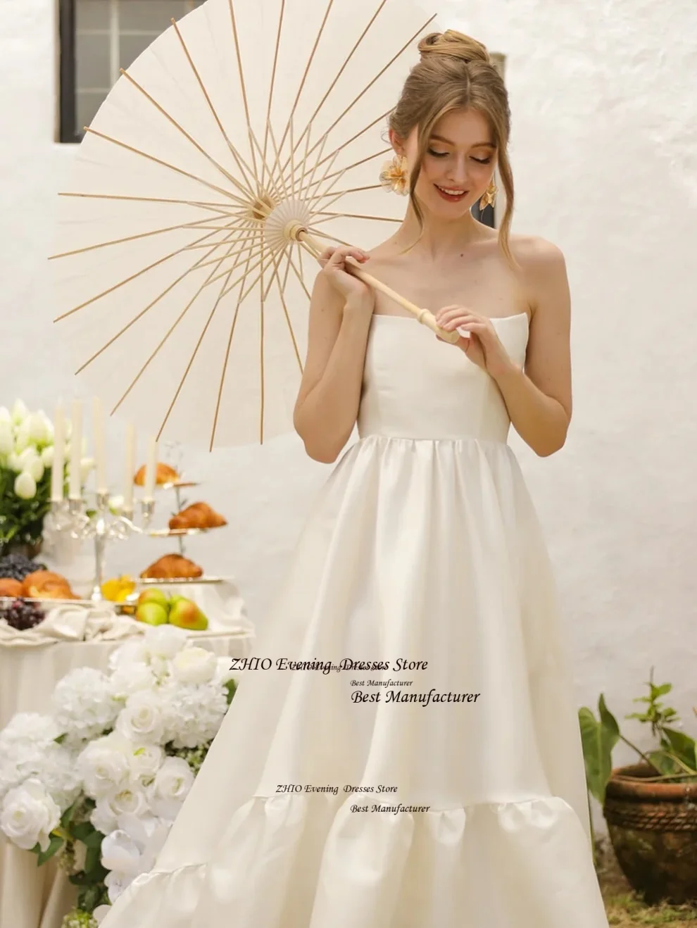 ZHIO モダンなデザインアイボリーサテンイブニングドレス高低ストラップレスロングパーティードレスノースリーブスイープトレインウエディングドレスカスタマイズ