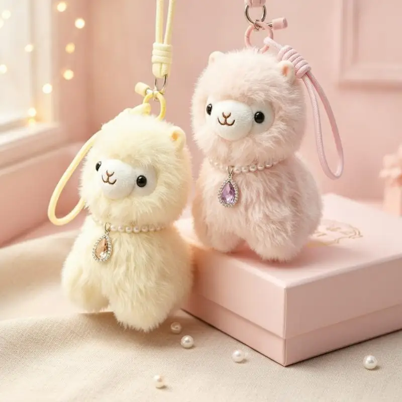 Soft Fuzzy Plush Alpaca Stuffed Doll with Shiny Rhinestone Collar Cute Animal Toy for Baby Shower Gift Nursery Decoration