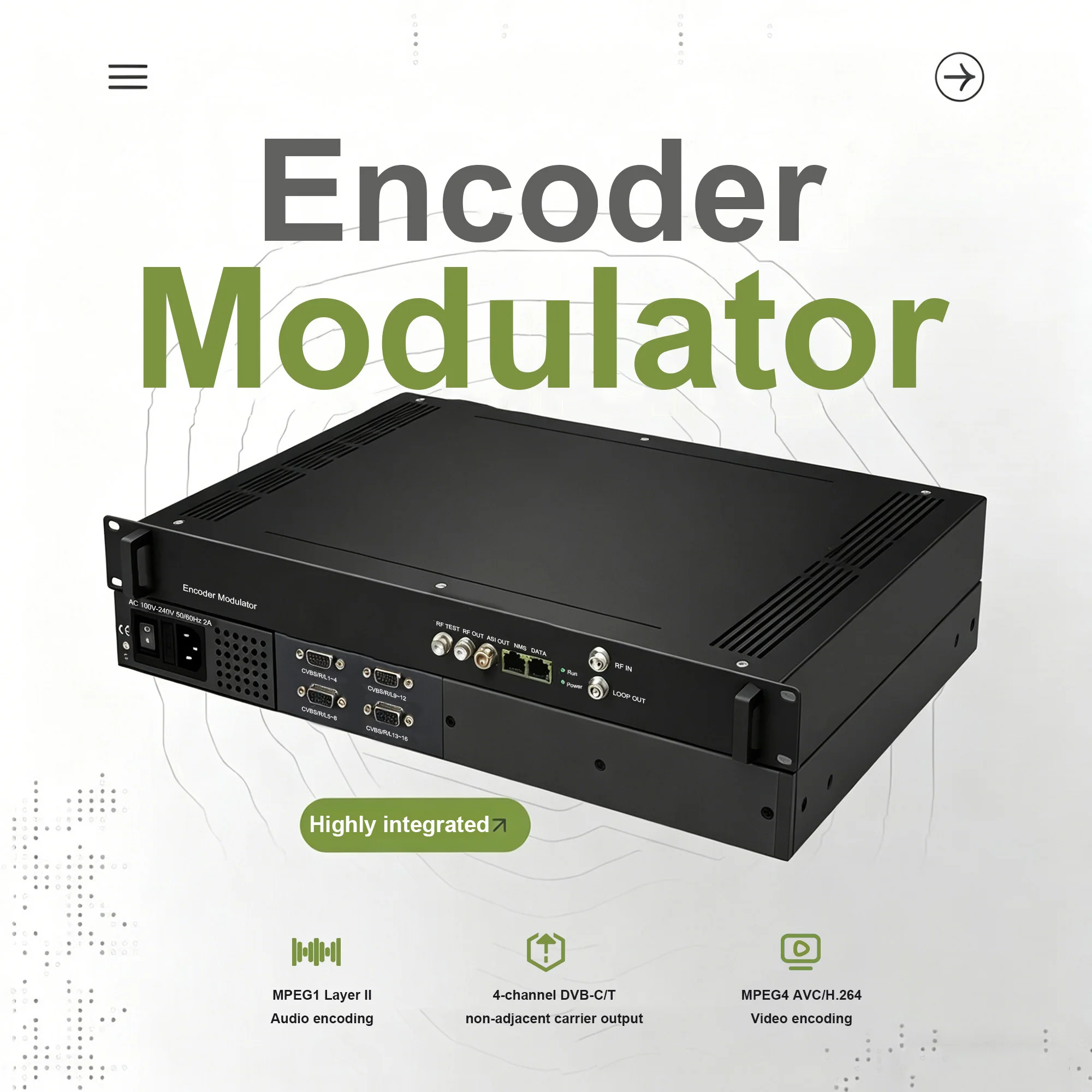 High-performance encoder/modulator, MPEG-4 AVC/H.264 video encoding, 4-channel DVB-C/T