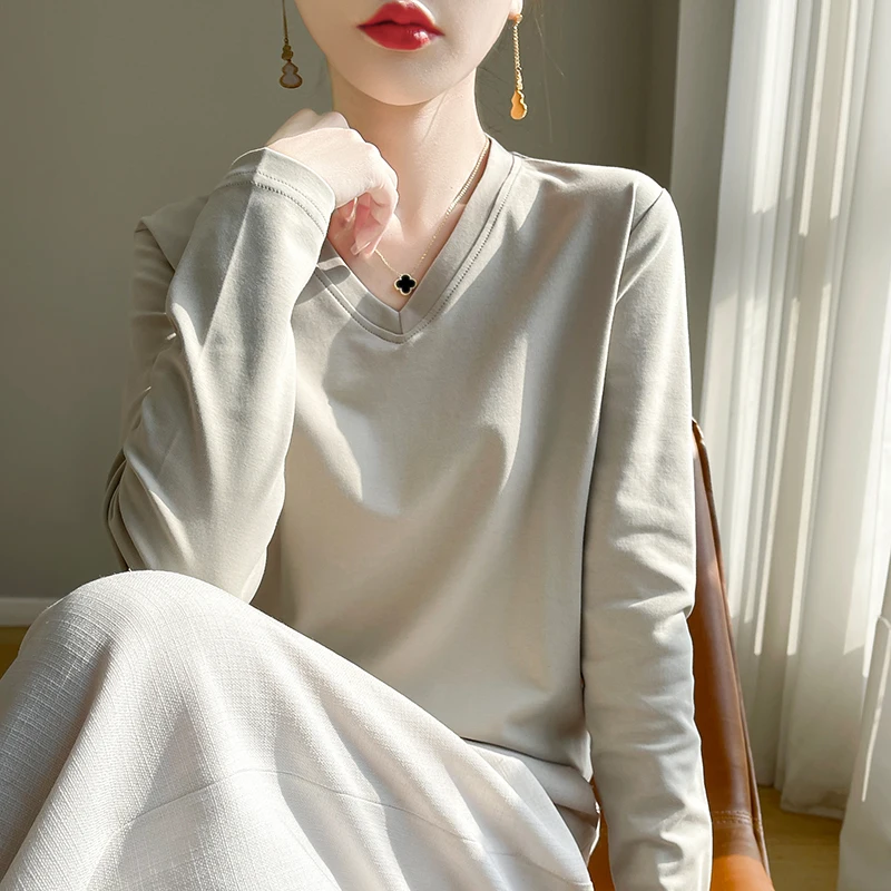 

Spring New Cotton Long-Sleeved T-shirt Women's Loose V-Neck Bottoming Shirt Satin Cotton With Shoulder Solid Color Top