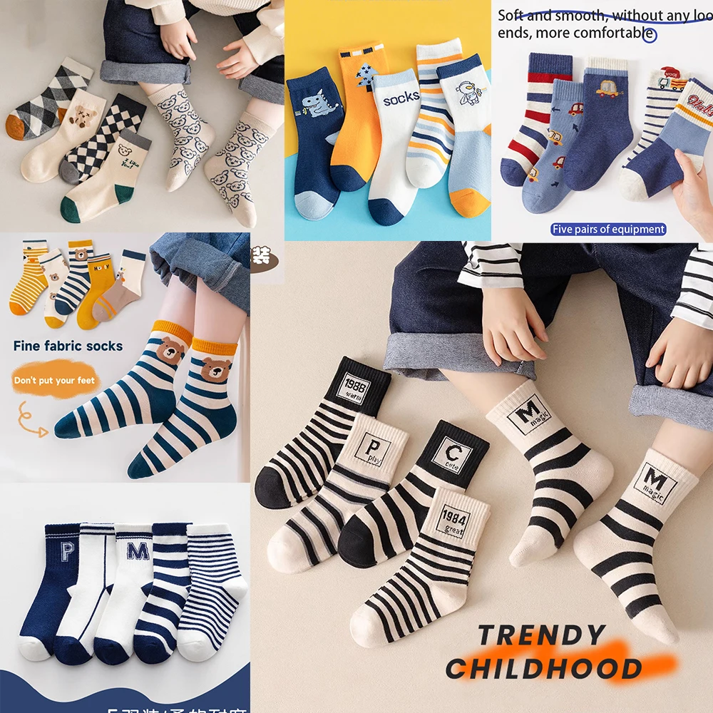 

5Pairs 1-14Years Spring and Autumn Combed Mid-tube Socks Multiple Stripe Options Available Soft And Delicate Boutique Kids Cloth