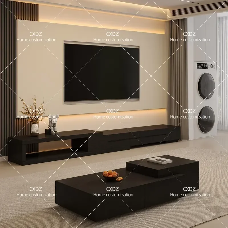 Modern Black Solid Wood TV Cabinet with Retractable Coffee Table Combo Floor Standing Media Console for Small Apartment