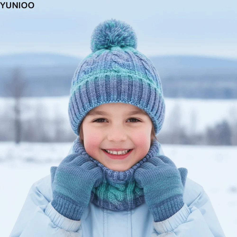 

Gradient Color Baby Hat Scarf Gloves Set Warm Ears Thickened Toddler Knitted Hat Cute Pompom Keep Warm Kids Hat Set