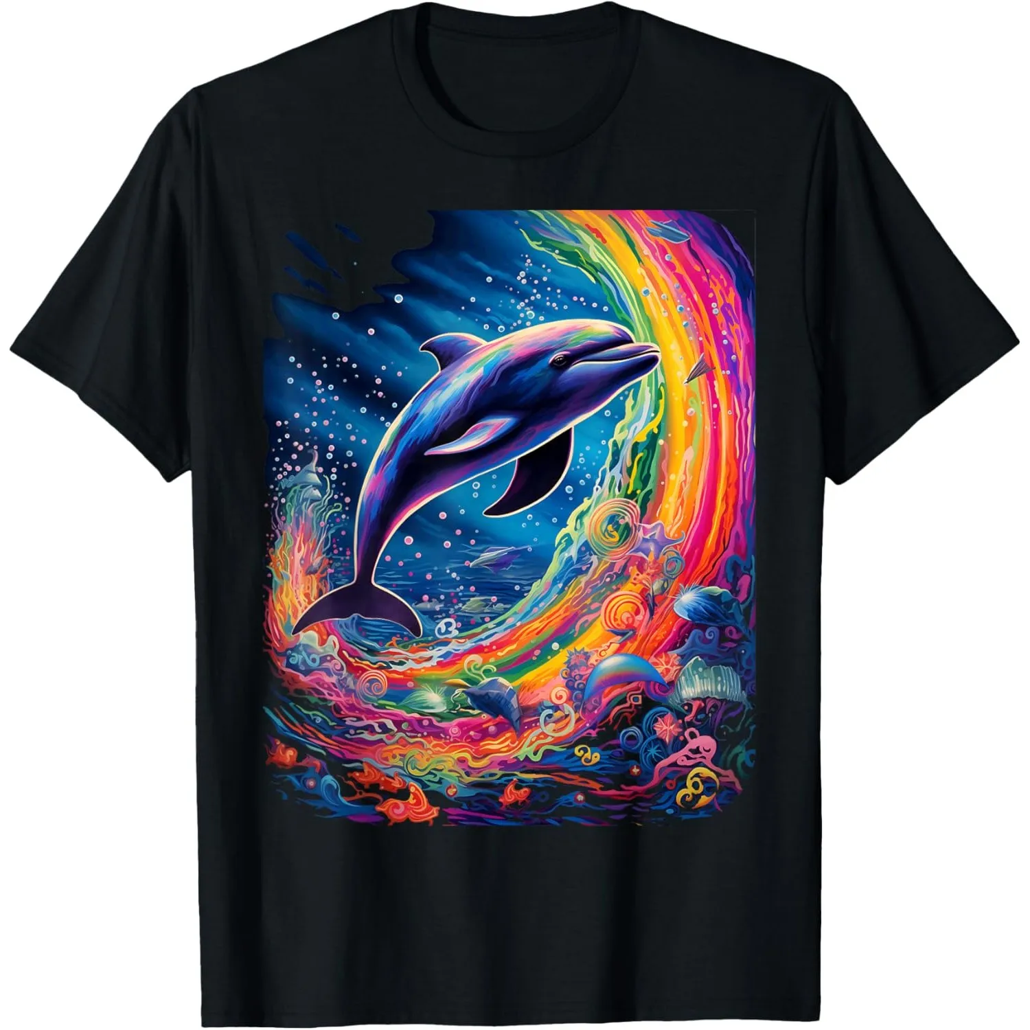 Vibrant Dolphin Rainbow Oceanscape Graphic Tee Cotton Round Neck Casual Summer Short Sleeve T-Shirt