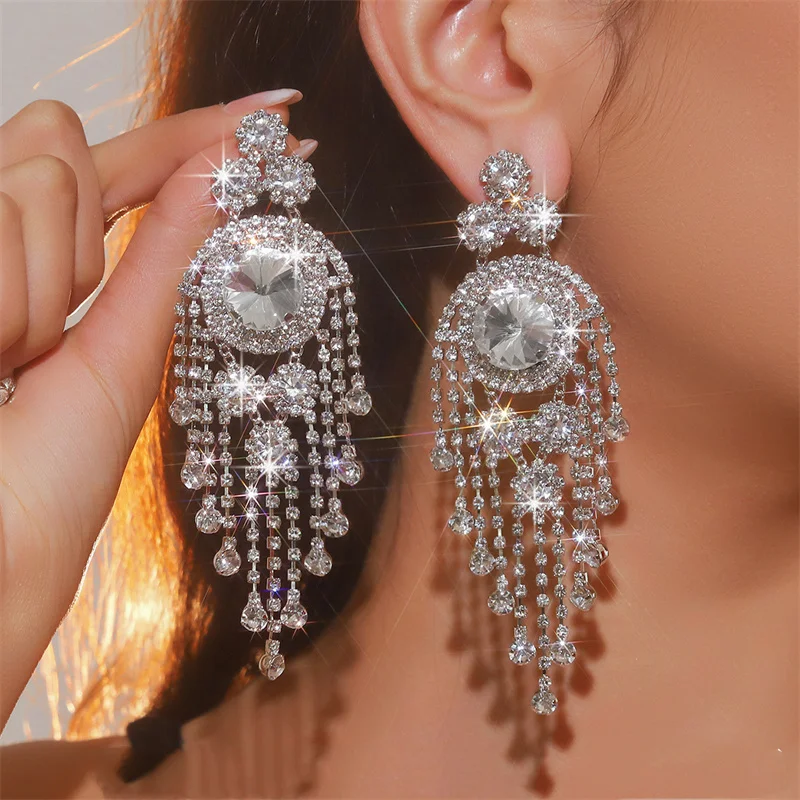FYUAN Fashion Red Green Silver Color Crystal Earrings for Women Long Tassel Earring Party Weddings Jewelry