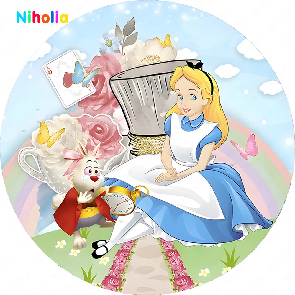 Disney Alice In Wonderland Princess Round Backdrop For Girls Kids Birthday Party Flowers Baby Shower Photography Backgrounds