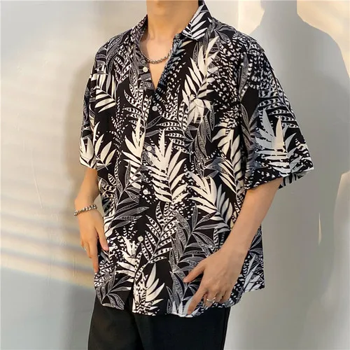 

Men Street Fashion Summer Daily Shirt Hawaiian Cartoon Print Casual Loose Shirts Short Sleeve Beach Loose Tops Button Up Shirts