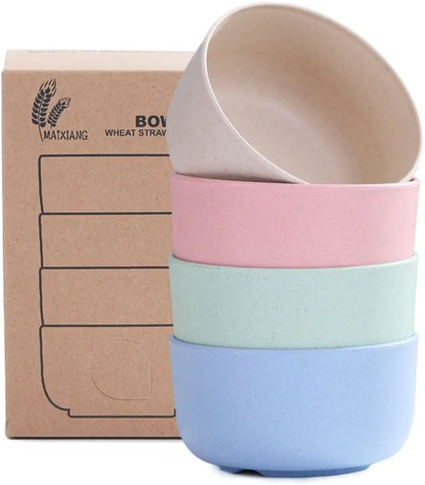 

Wheat Straw Bowls 14oz Set of 4 - Unbreakable Cereal and Salad Bowls for Kids and Adults with Stackable Design, Microwave and