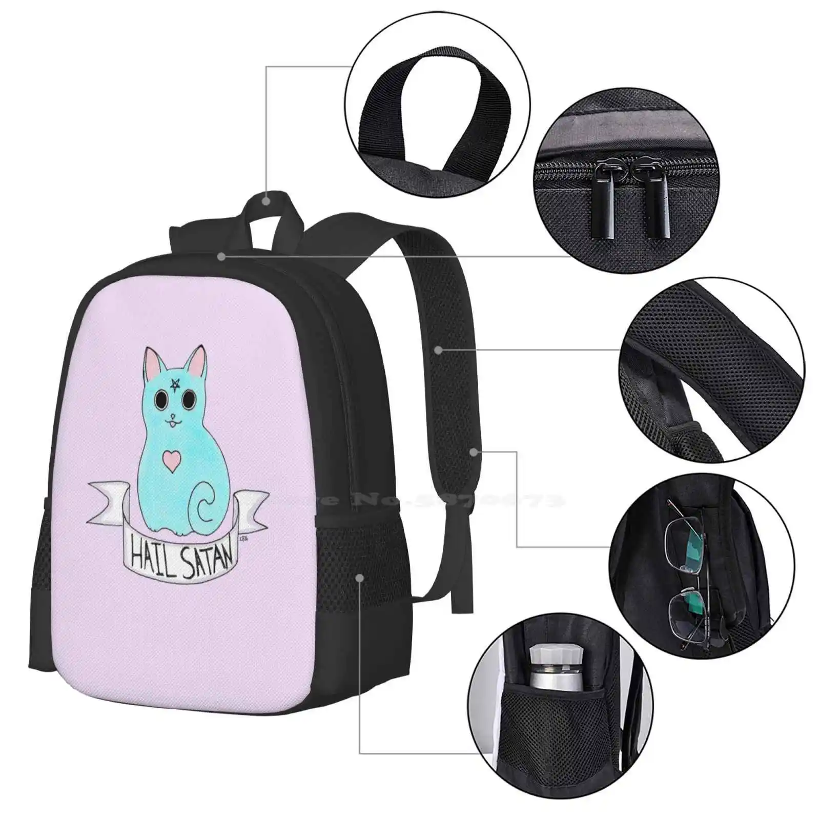 Hail Satan Cat New Arrivals Unisex Bags Student Bag Backpack Cat Blue Hail Satan Evil Rude Pastel Goth Soft Grunge Pale