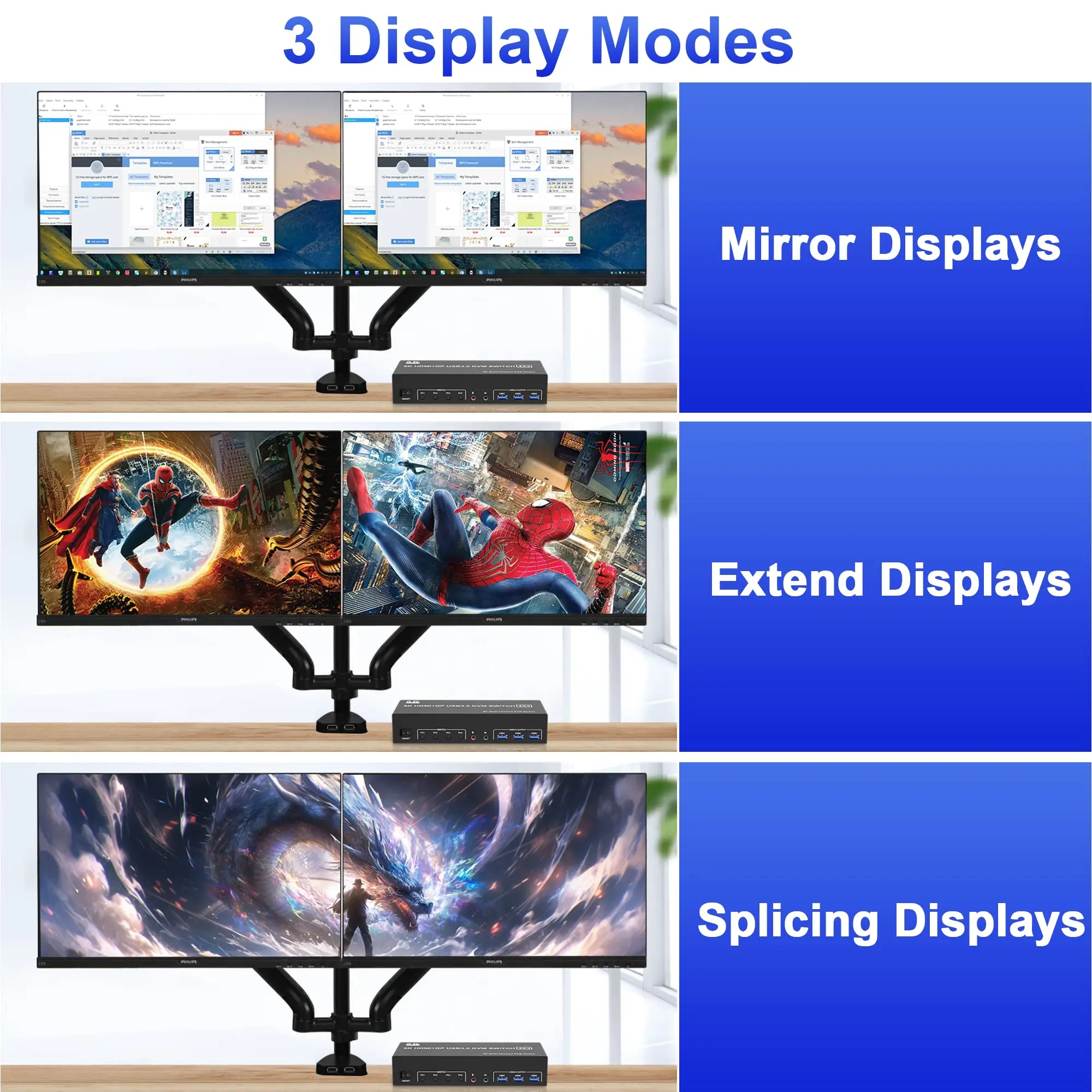 8K@60Hz USB3.0 KVM Switch 3 Monitors 4 Computers 4K@144Hz, 2 DisplayPort +1 HDMI Triple Monitor for 4PC with Audio and 3 USB 3.0