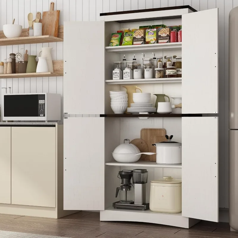 Armário de despensa de cozinha de fazenda de 71 polegadas, armário de armazenamento alto com 4 portas e prateleiras ajustáveis, com tubo de aço com suporte de carga, madeira