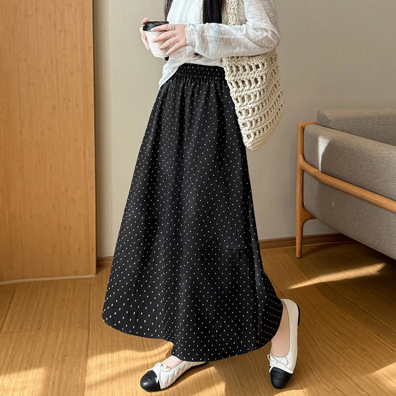 

Винтажная юбка А-силуэта в стиле Харадзюку с пэчворком в горошек, черная, женская, весна-лето, модная миди-юбка, нишевая модель для офиса и повседневной носки