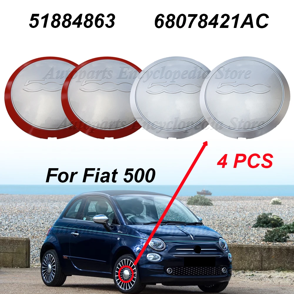 4PCS 68078421AC New High Quality Frosted Silver/Red Edge 133mm Hubcap For Fiat 500 Wheels Center Hub Caps 68078419AC 51884863