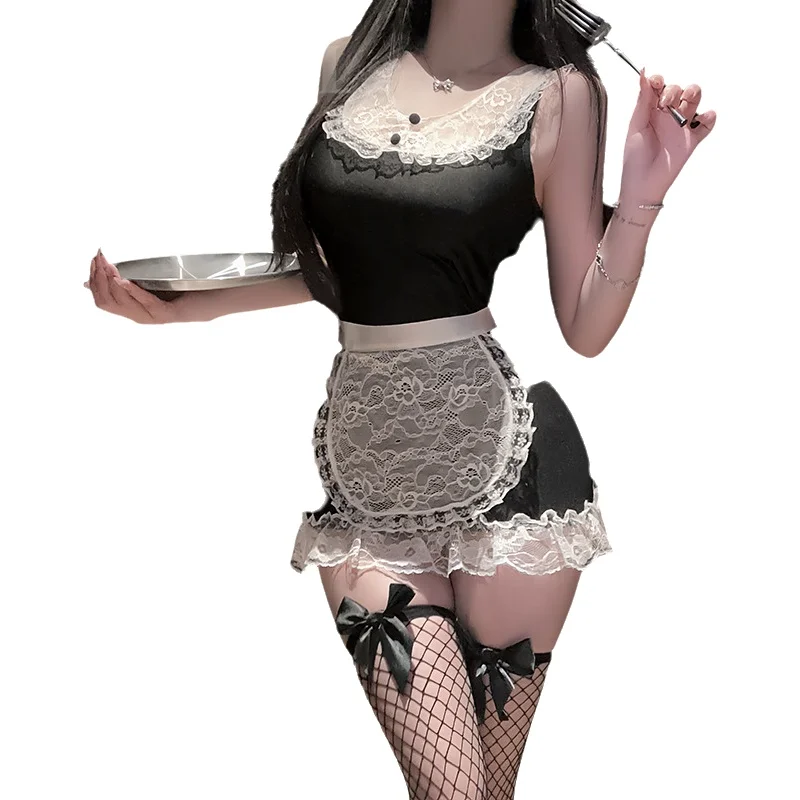 Sexy For Seductive Lace Maid Outfit Dress Nightclub Maid Pure Desire Bodycon Uniform Dress With Apron Suspenders Sleeveless HLF6