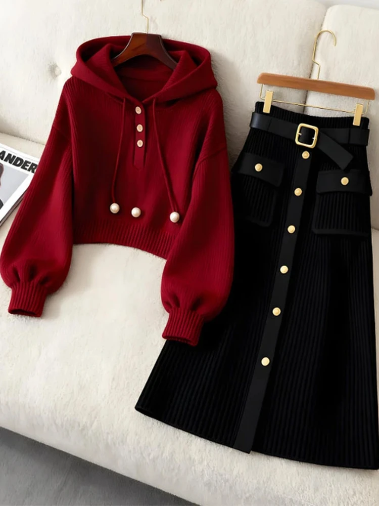 Early Autumn Korean Style Atmosphere Loose Feel Rich Two-Piece Set Fashionable Casual Princess Sleeve Warm Mid-Length Skirt