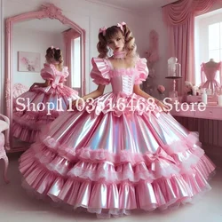 Sparkling Baby Pink Fairytale Evening Dress Victorian Square Neck Bubble Sleeve Bow Appliqued Princess Tutu Customised שמלות ערב