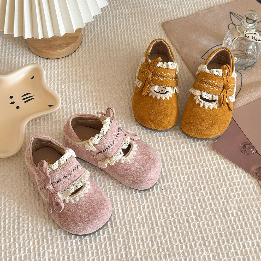 

2026 New Sweet Girls Leather Shoes Elegant Lace Bowknot Kids Causal Flat Shoes Wedding Party Children's Princess Ballet Shoes