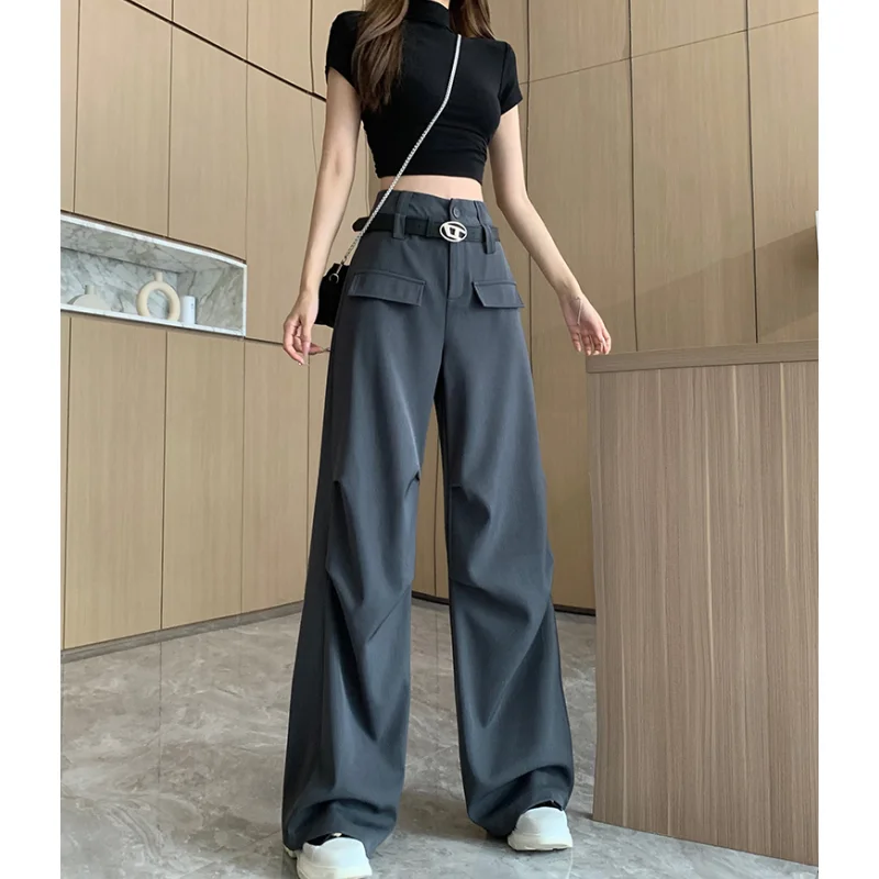 

Grey NEW Women Black Plush Casual Pants Streetwear High Waist Wide Leg Pants 2024 Fashion Y2K Female Winter Straight Trousers