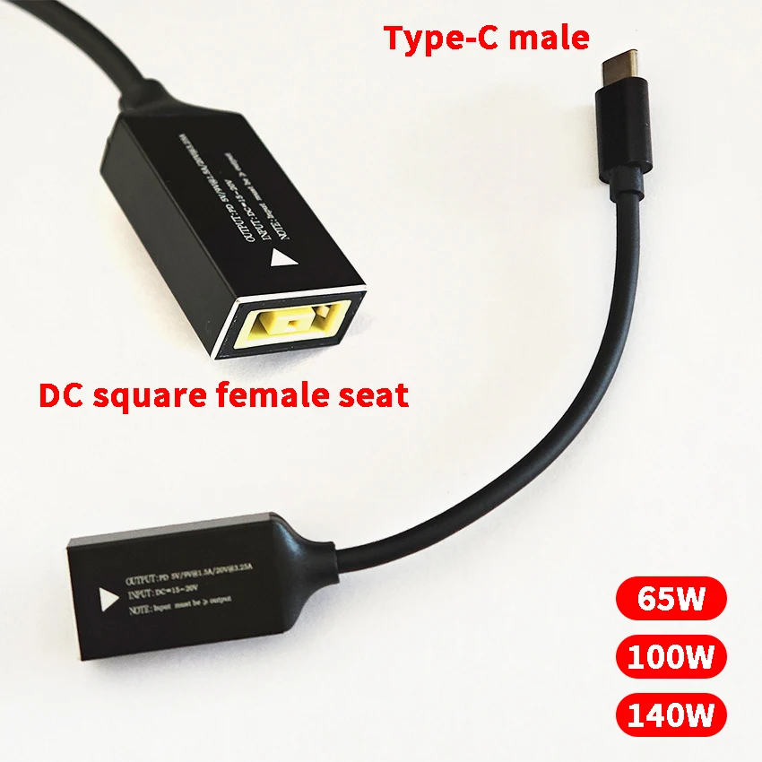 65W 100W 140W for Lenovo Laptop Charger Square Female Seat to TYPE-C Male Short Line Cable Dc Square to Type-C Adapter Converter