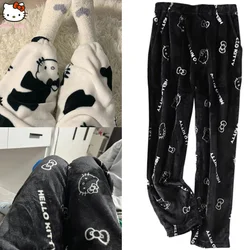 Hello Kitty Pajamas Pants Y2K Cartoon Sanrio Black Cute Women Soft Plush Thickening Trousers Clothes Kawaii Female Casual Pants