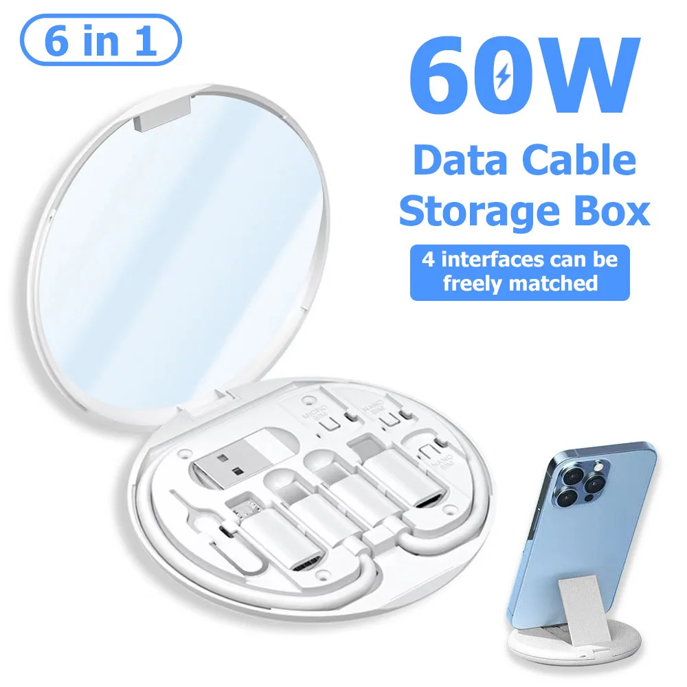 6-in-1 60W Multi-Functional Charging Cable Set Data Cable Storage Box Multi-Interface Convertible Charging & Data Transfer Kit