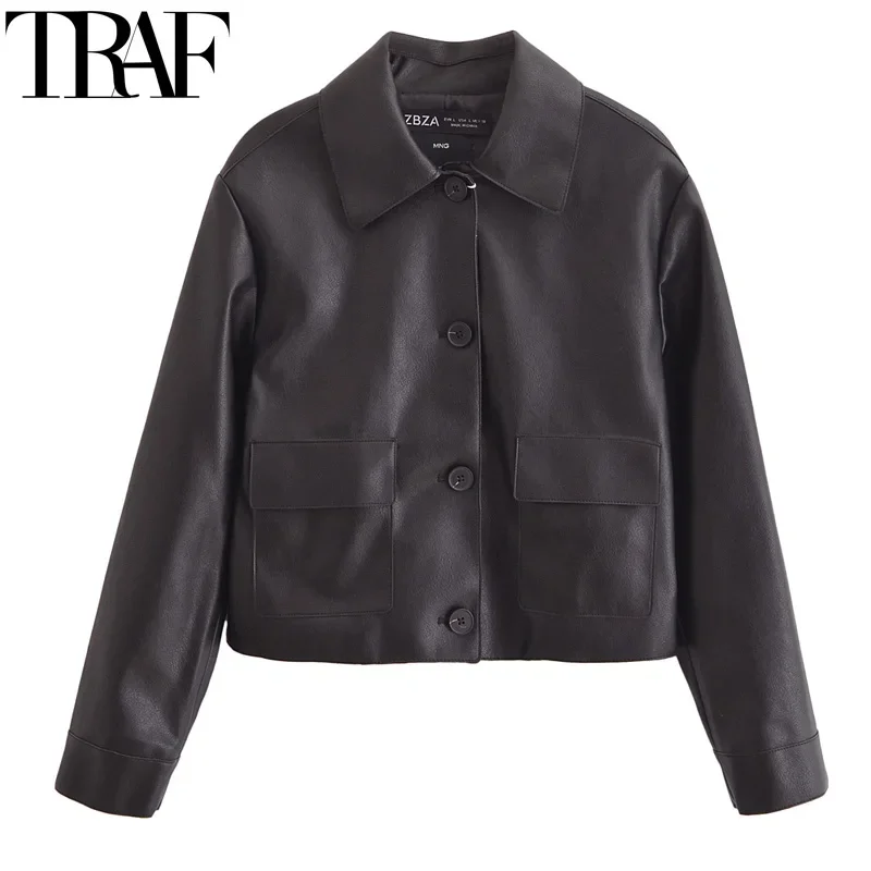 TRAF Cropped Faux Leather Jacket Women Jacket Autumn 2024 Woman Long Sleeve Coats Fashion Bomber Jackets Winter Button Outerwear