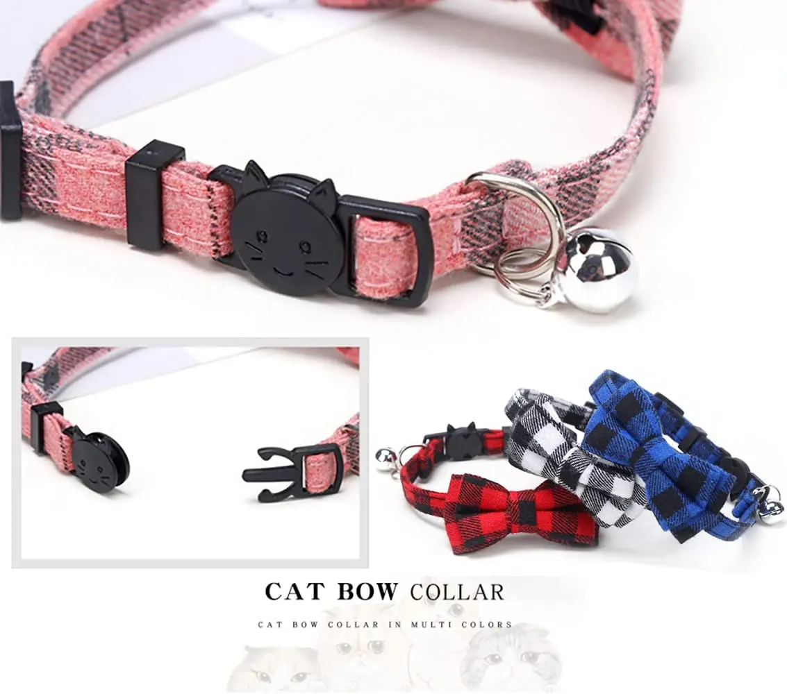 Pet Breakaway Cat Collar Bow Tie and Bell Cute Plaid Christmas Red Elastic Adjustable Dog Collar with Sash Small Bell for Cats