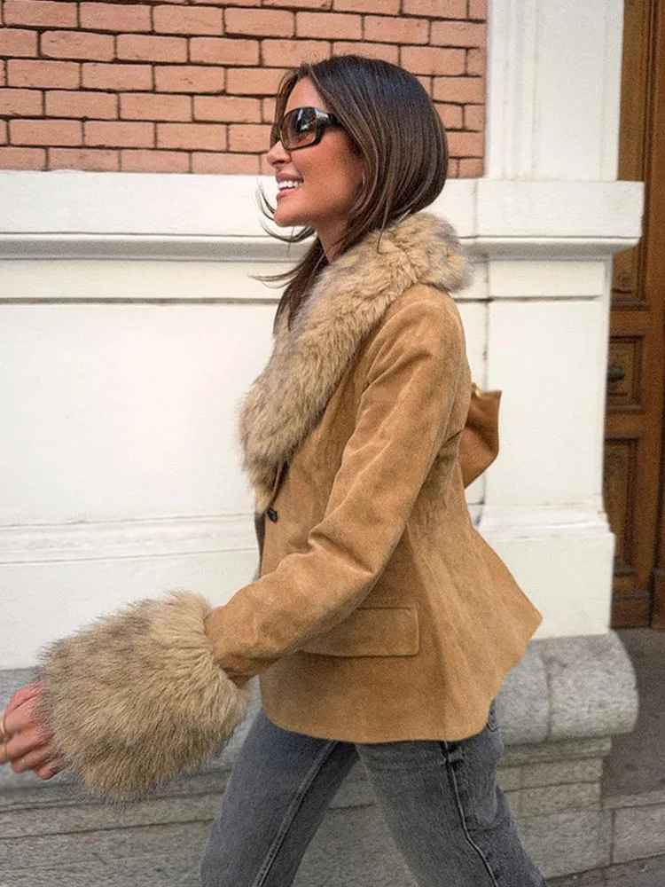 

HH женский однобортный карманный костюм с длинными рукавами и съемными меховыми лацканами, замшевый костюм, пальто, женское пальто для отдыха