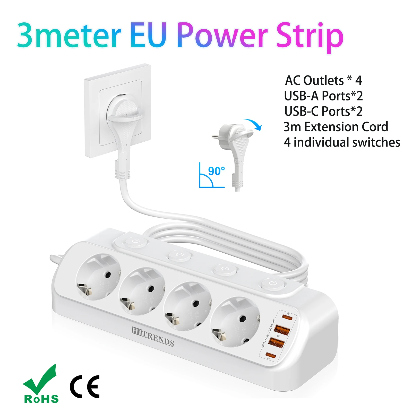 HITRENDS Flat Plug Power Strip with 3 Metres Cables, EU Plug Multiple Socket with 2 USB A 2 Type-C PD20W Charging for Home