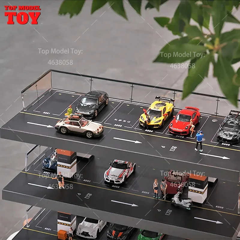 1/64 Scale Simulate Miniature Scene Model 33x32x16cm Four Story Large Open-air Parking Lot Props Solid Wood Diecast Display Case