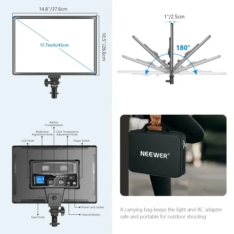 

NL288 LED video light with 2.4G remote control, adjustable fill light, dual color soft light panel suitable for photography