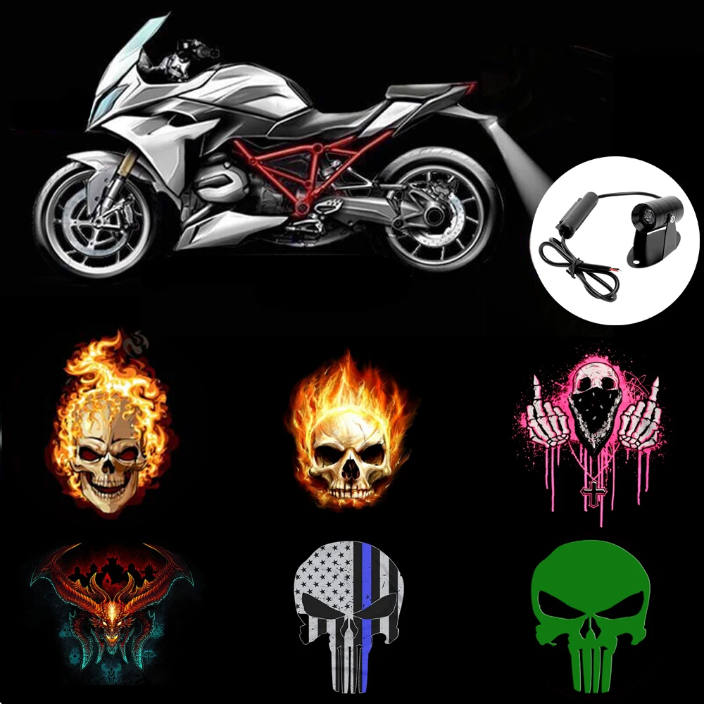1Pc Black Motorcycle Rear Projector Skull Middle Finger Symbol LED Welcome Courtesy Ghost Shadow Light Cars Accessories