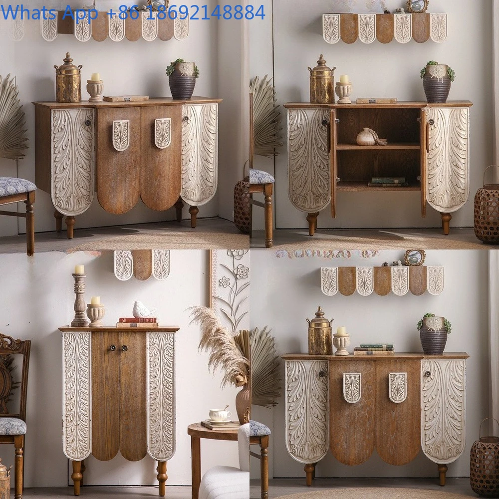 

French Style Solid Wood Carved Entryway Cabinet Vintage Buffet Storage Set