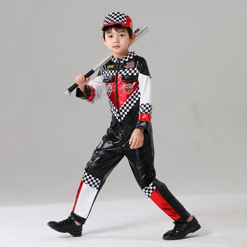 Professional Racing Driver Jumpsuit Cosplay Anime Halloween Costume for Kid Zentai Party Dress Carnival Masquerade Model Boy Cap