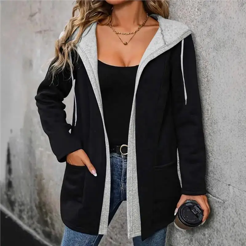 

Faionable Color Blo Hooded Open Cardigan Women's Casual Autumn Winter New Sle Clothing Long Sve Sweatirt Set
