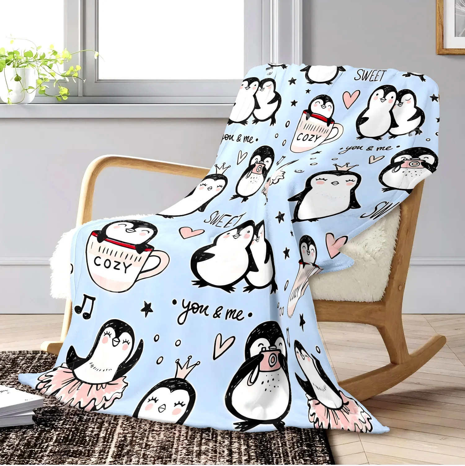 1pc Throw Cute Penguin pattern Flannel Blanket for Couch Bed Sofa Cozy Comfy Warm Festival Gifts blankets Decor for All Season