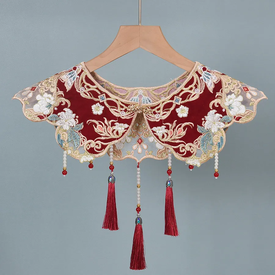 Beaded Red Cloud Collar, Chinese Vintage Embroidered False Collar with Pearl Tassel, Detachable Shoulder Cape, Wedding Accessory view 2